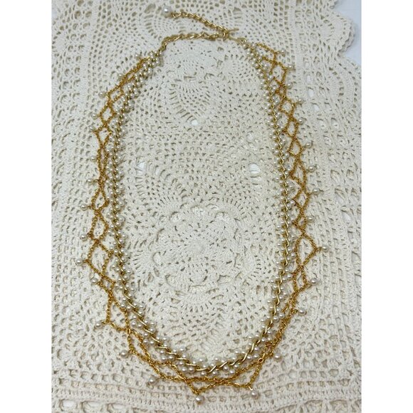 Vintage-Inspired Multi-Strand Gold & Pearl Necklace 38" Total Length - Picture 11 of 12